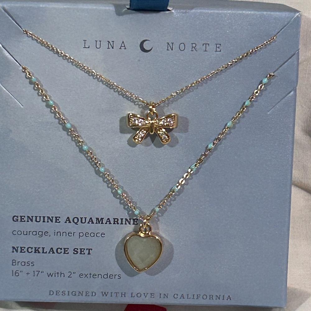 LUNA NORTE Bow And Heart Charm Necklace Set With Genuine Aquamarine NWTS - Picture 9 of 12